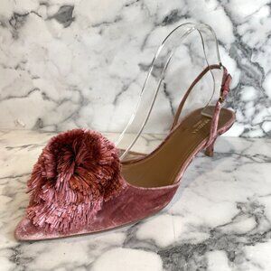 AQUAZURRA "Powder Puff" Pom Antique Pink Velvet Point Toe Slingback Kitten Keels